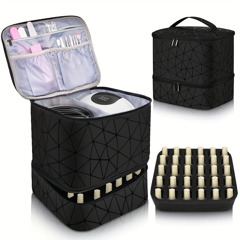 

1pc Double-layer Nail Polish Organizer, Portable Zipper Storage Bag, Holds Lamp And 30 Bottles, Empty Portable Travel Carrying Case, With Handle - Black