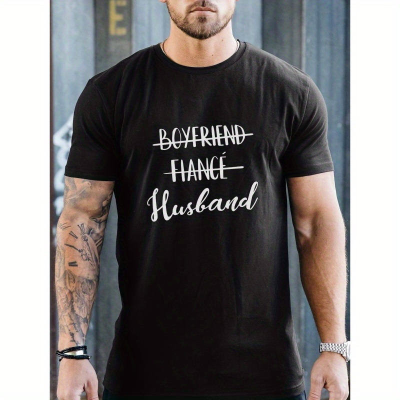 

Husband Letter Graphic Print Men's Creative Top, Casual Short Sleeve Crew Neck T-shirt, Men's Clothing For Summer Outdoor