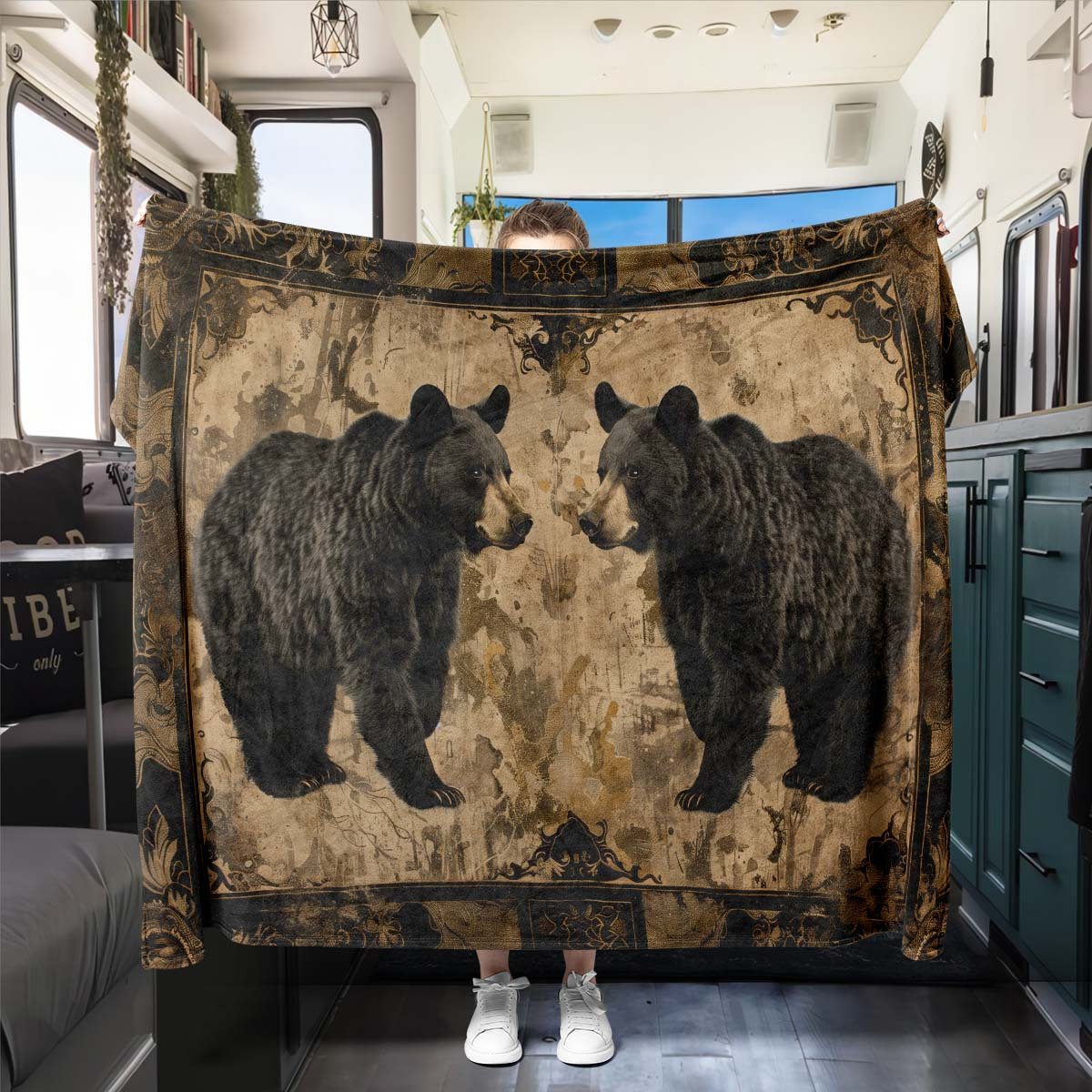 

Vintage Style Dual Brown Bear Print Flannel Blanket - 100% Polyester Soft Throw For Office, Travel, Sofa, Bed - Indoor & Outdoor All-season Use Blanket