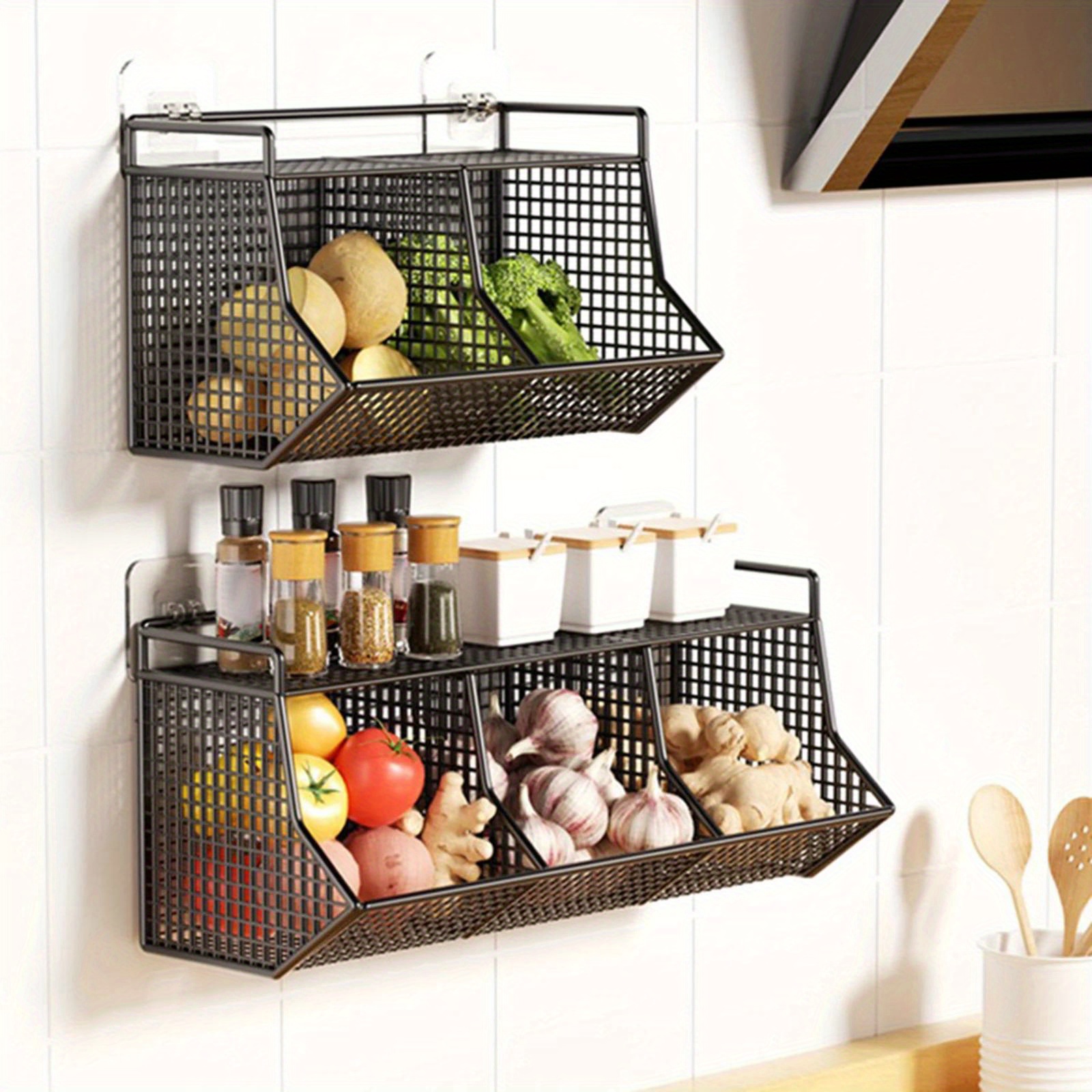 

1pc Metal Hanging Storage Basket, Luxurious Style Kitchen Organizer, Wall-mounted Fruit Vegetable Holder, Space-saving Grocery Shelf, Easy To Install