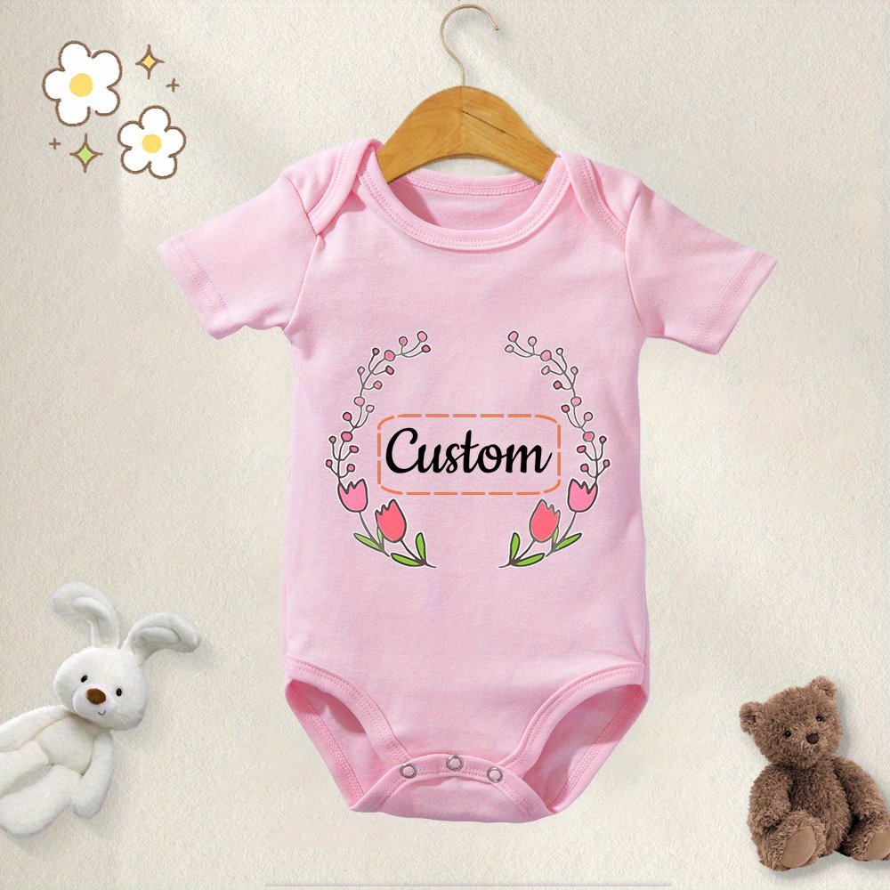 

Wreath & Customized Letter Print Baby Boys & Girls Personalized Cotton Bodysuit Onesie, Cozy Short Sleeve Jumpsuit Romper Top Birthday Gifts