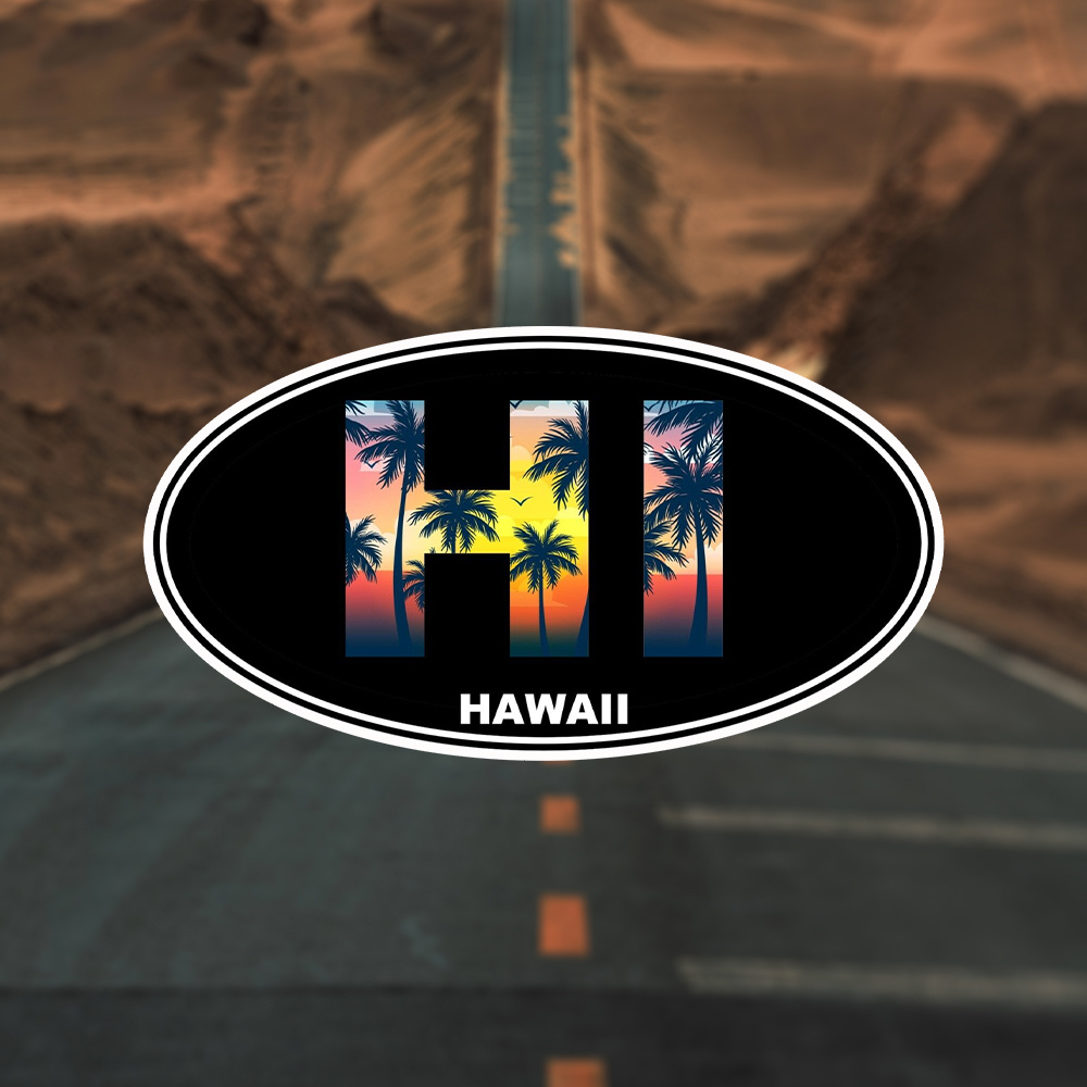

Hawaii Hi Sticker Oval Vinyl Decal Hawaiian Aloha Palm Trees Pattern Sticker For Car Laptop Motorcycle