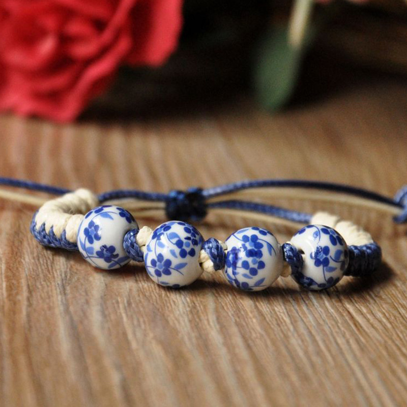 

Porcelain Flower Pattern Beads Decor Bracelet Ethnic Vacation Style Braided Hand Accessories