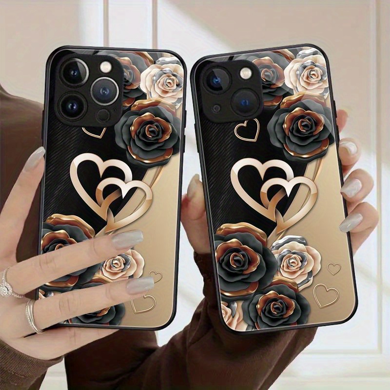 

Rose And Heart Pattern Phone Case, Tempered Glass Back Cover, Suitable For Iphone 15 Pro Max/14 Pro Max/13 Pro Max/12 Pro Max/11 Pro Max