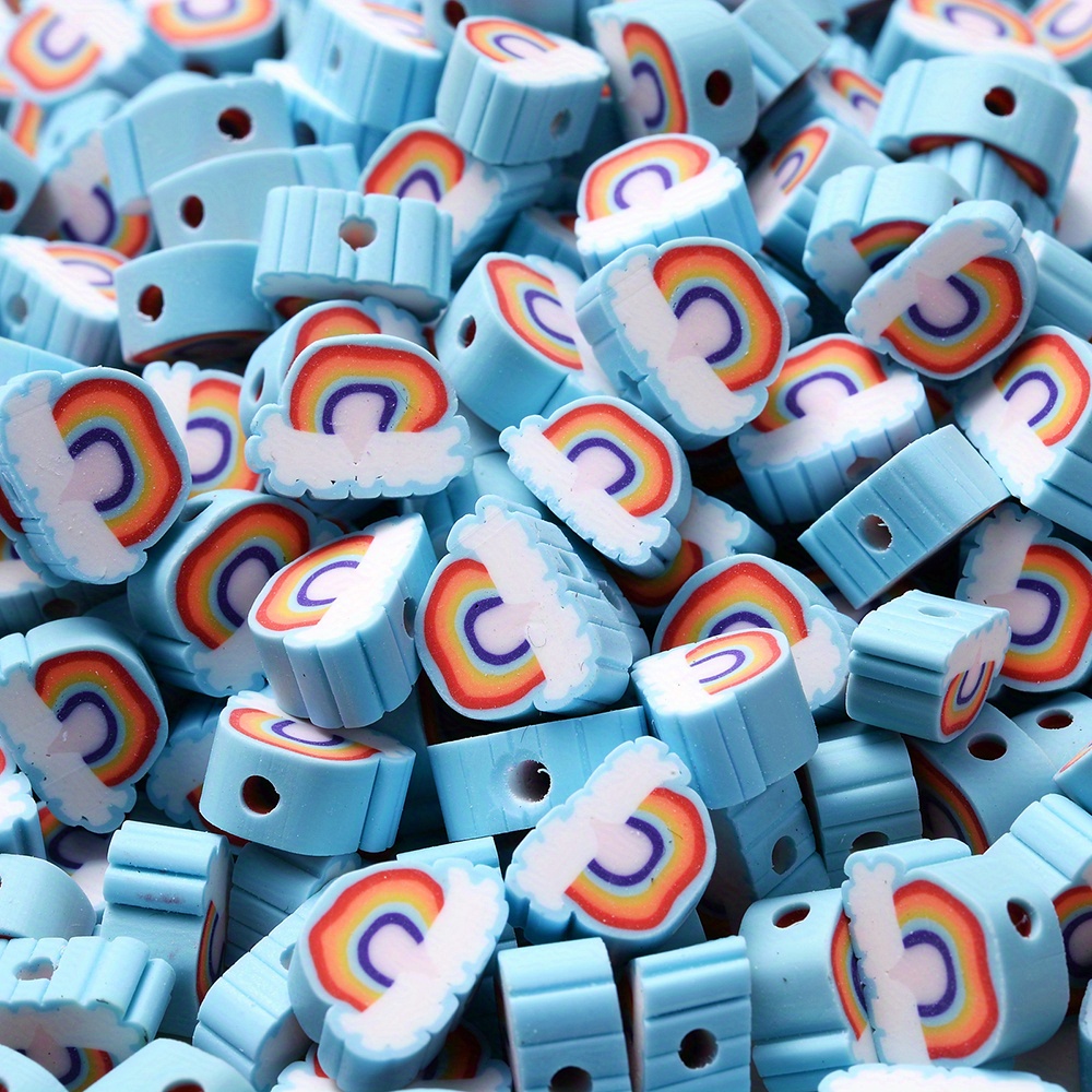 

About 50pcs/pack Blue Rainbow Pattern Polymer Clay Spacer Beads For Bracelet Necklace Making