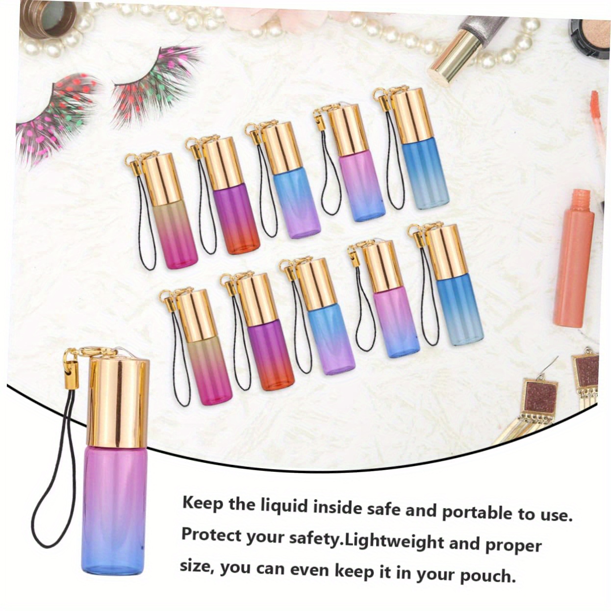 

10pcs Gradient Roller Bottles 5ml, Mini Refillable Perfume Essential Oil Vials With Pendant, Portable -on Bottles