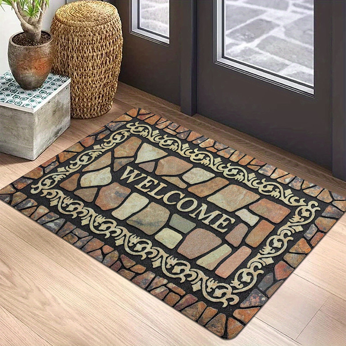 

1pc, Entrance Area Floor Mat, Welcome Home Alphabet Stone Element Printed Pattern Rug, Polyester Non-slip Stain Resistant Soft Floor Mat For Indoor Outdoor Entrance Floor Doormat Quick Dry Kitchen Mat