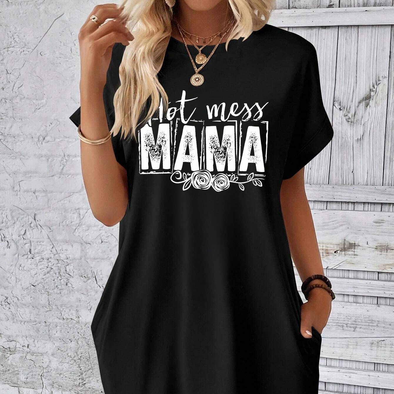 

Floral 'mama' Letter Print Lounge Dress For Mother's Day, Casual Batwing Sleeve Round Neck Loose Fit Dress With Pockets, Women's Loungewear