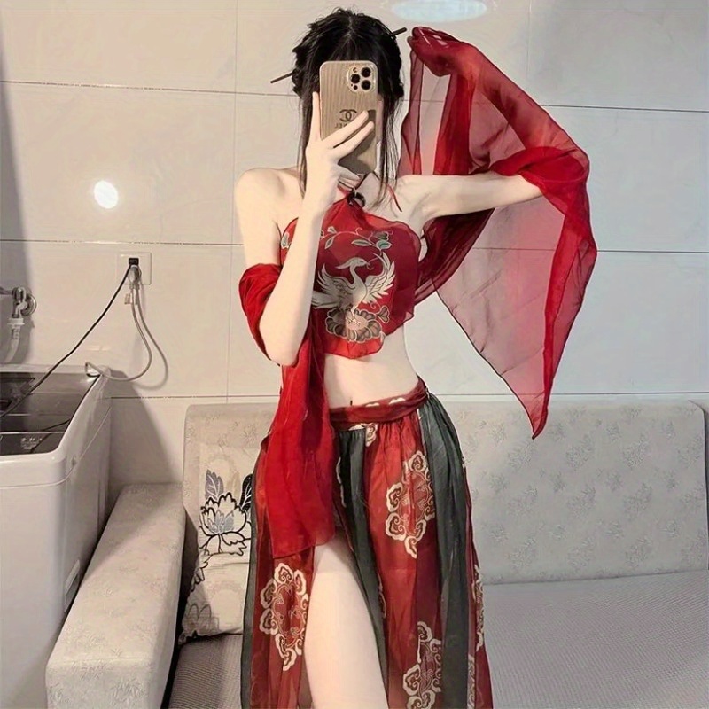 Women s Sexy Traditional Chinese Hanfu inspired Red Lingerie