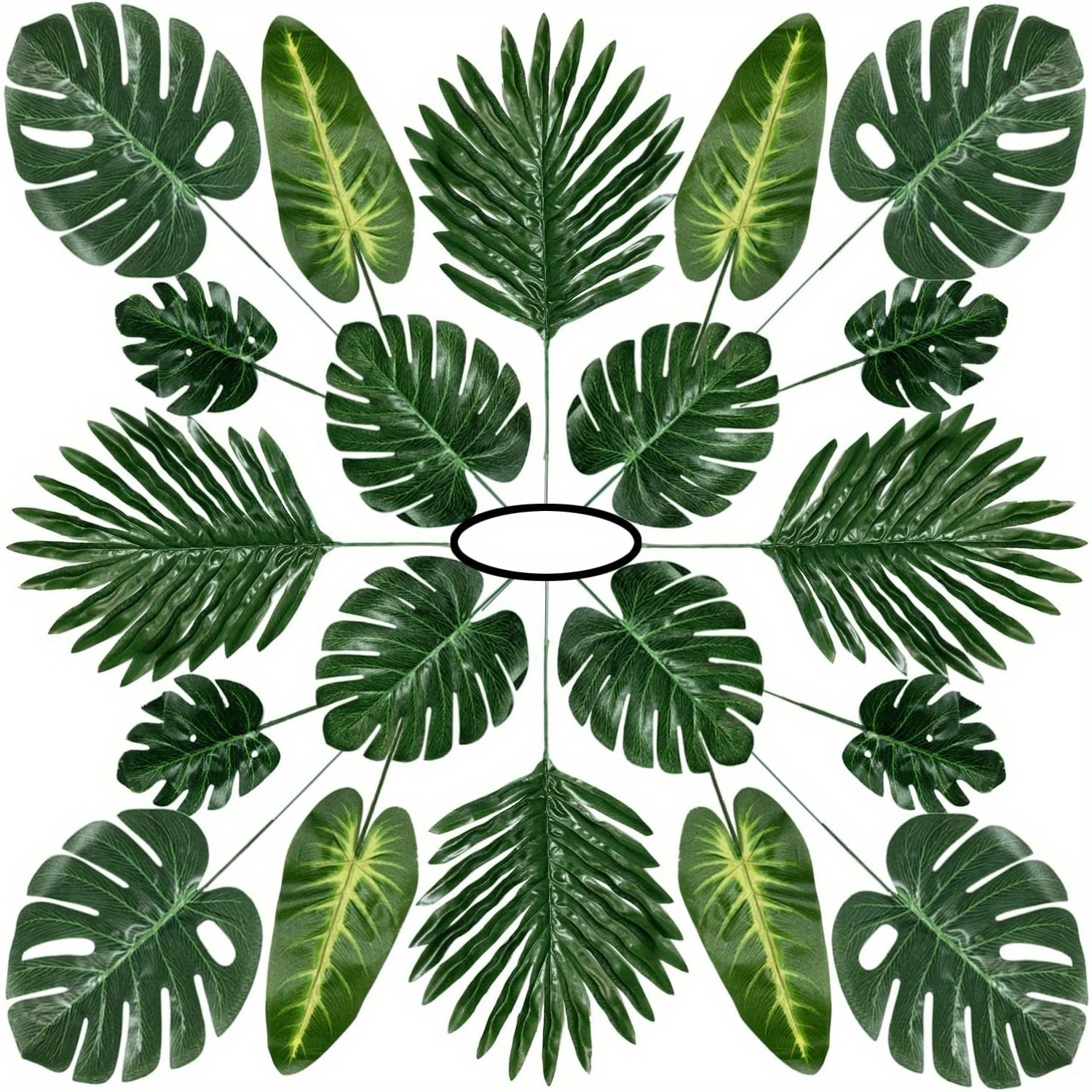 Image of 60pcs 5 Assorted Artificial Palm Leaves, Tropical Party Decorations Jungle Turtleback Bamboo Leaves Leaves Green Fake Palm Leaves With Stems For Hawaiian Luau Party Table Decorations