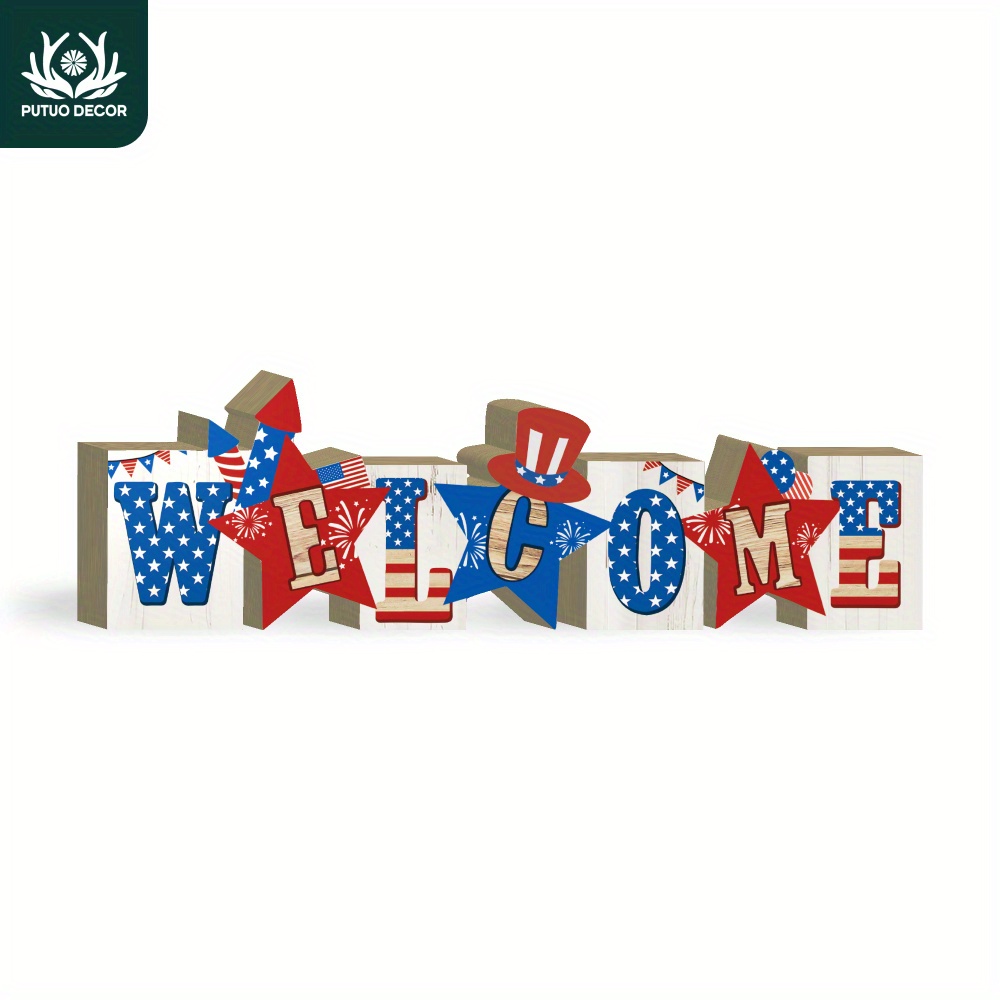 

1pc Welcome Wooden Table Decor, Desktop Decoration For Home Farmhouse Coffee Shop Cafe Office Man Cave, Independence Day 4th Of July Gift