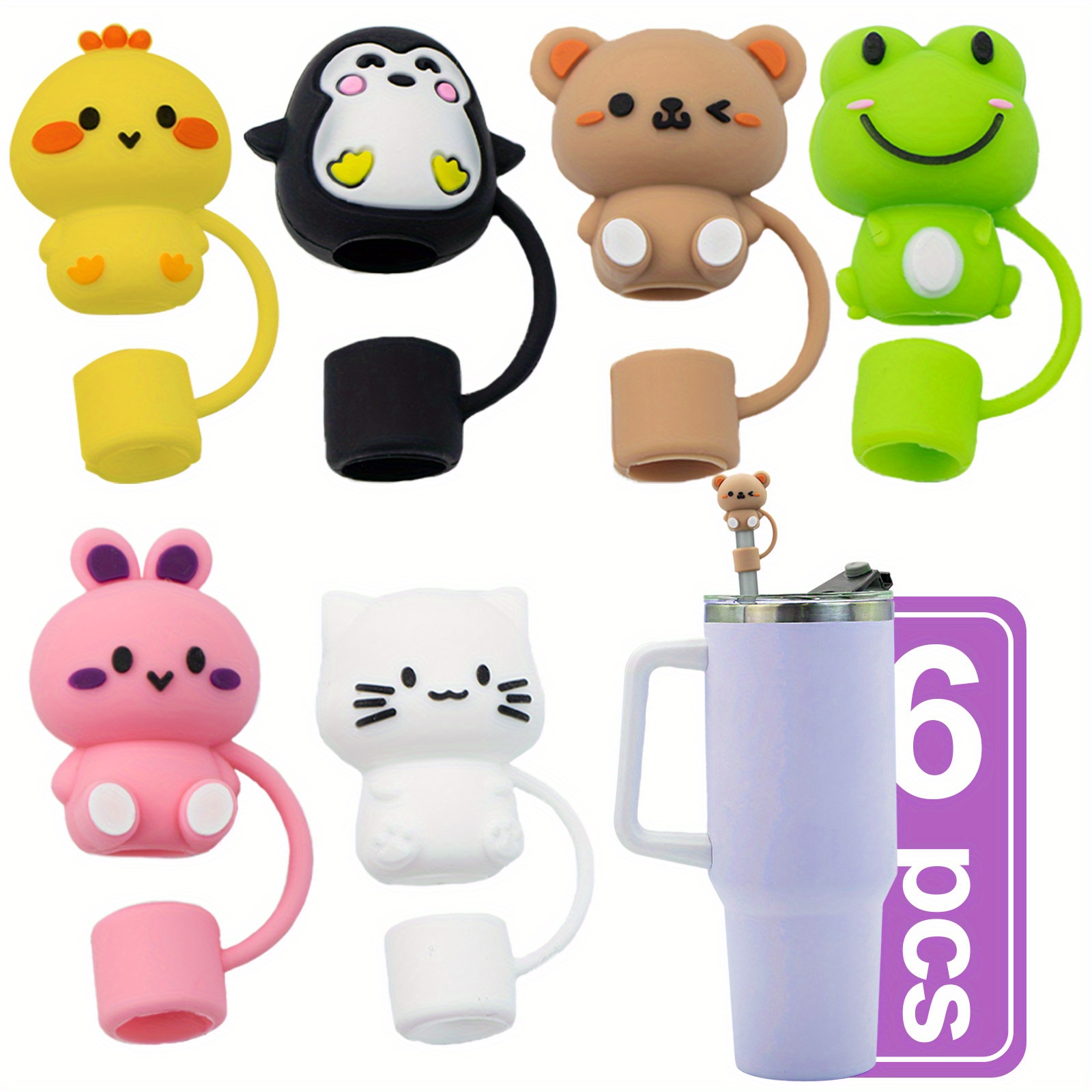 

6pcs/set Cute Animal Series Straw Plugs, Reusable Dustproof Silicone Straw Lids, Suitable For 10mm/0.39in Straws