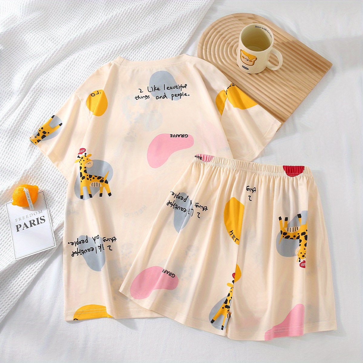 

Women's Cute Giraffe & Color Block & Letter Print Loose Fit Lounge Set, Short Sleeve Round Neck Top & Shorts, Comfortable Relaxed Fit