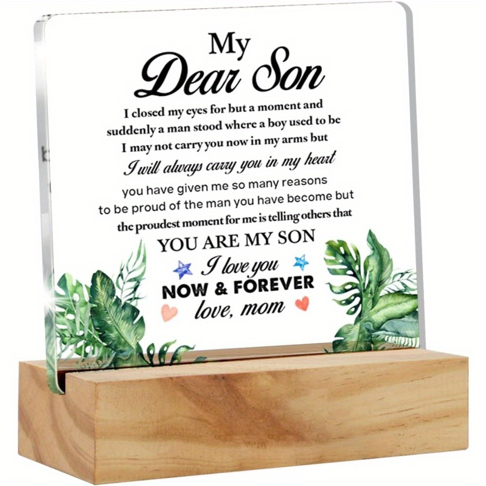 

1pc Acrylic Plaque, Son Gift From Mom, Birthday Gift, Graduation Gift, My Dear Son Clear Acrylic Sign With Wood Stand, Table Sign Decoration
