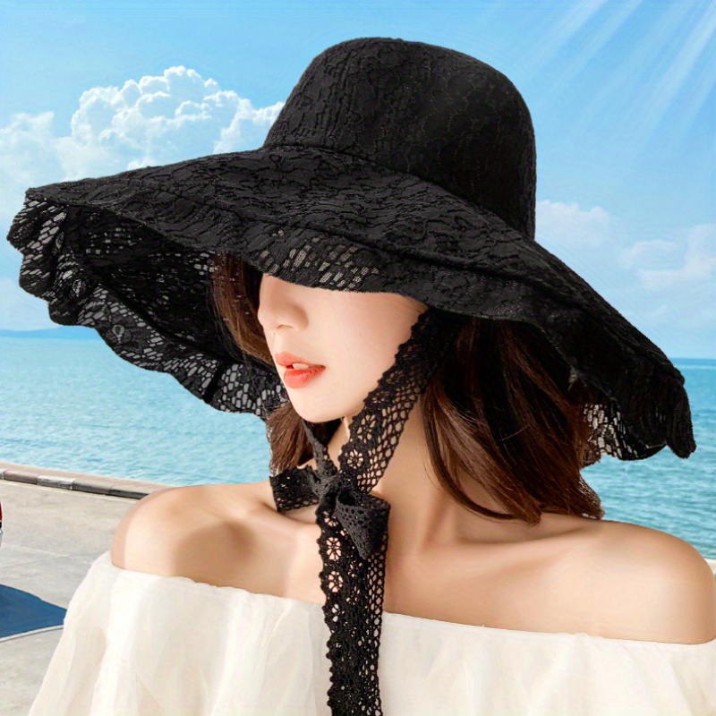 

Women's Monochrome Lace Fisherman Hat, Elegant Wide Brim Summer Beach Sun Hat With Lace-up Detail, Breathable Stylish Dome Hat For Outdoor Use