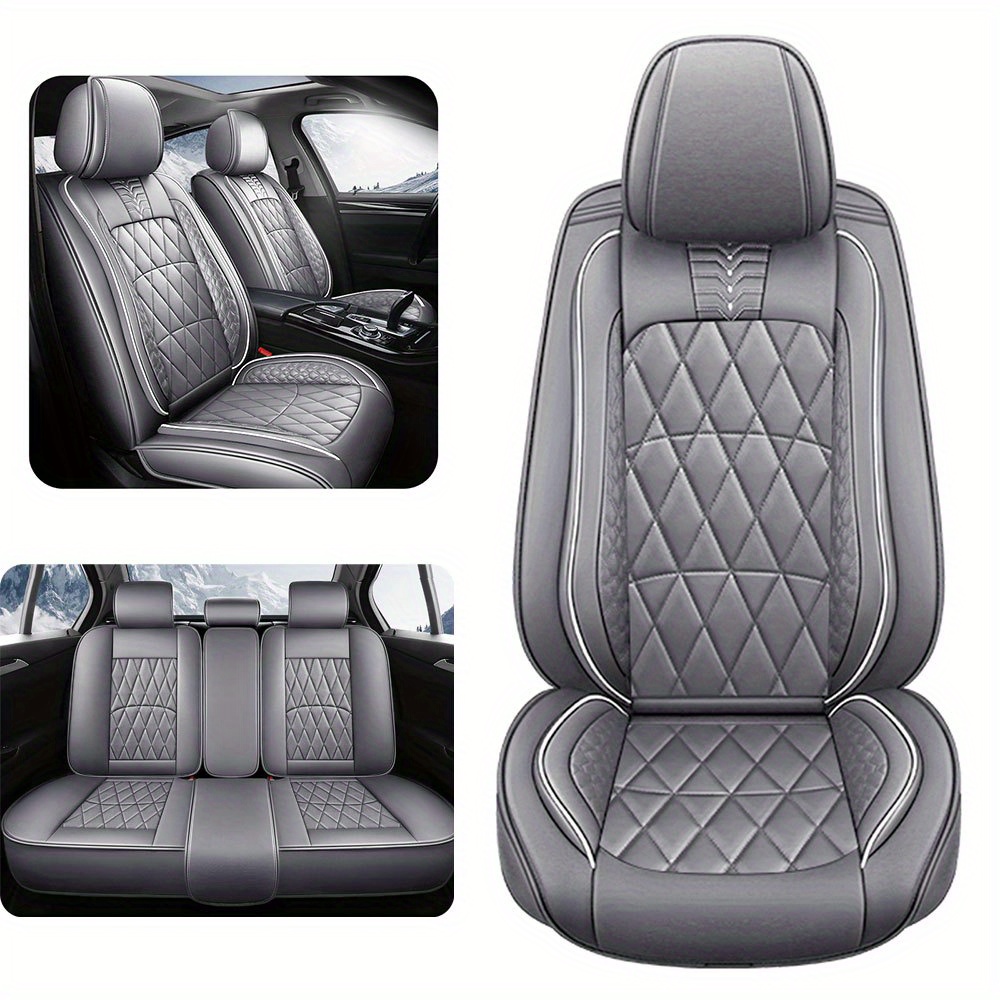 

Gray Universal Car Seat Cover For Cars Pu Leather Cushion Full Set 5 Seat Front Rear Bench Back Cover Waterproof Adjustable Soft Sponge Filled Protector Fit For Most Car Sedan Truck Suv