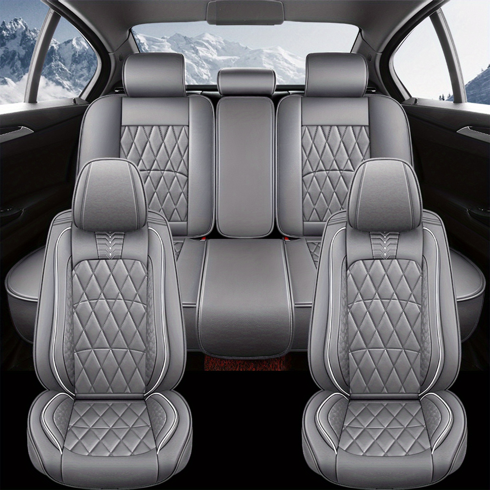 TEMU Universal Car 5 Seat Cover Pu Leather Cushion Full Set Front Rear Ssolid Split Bench Back Cover Protector Waterproof Diamond Pattern Christmas
