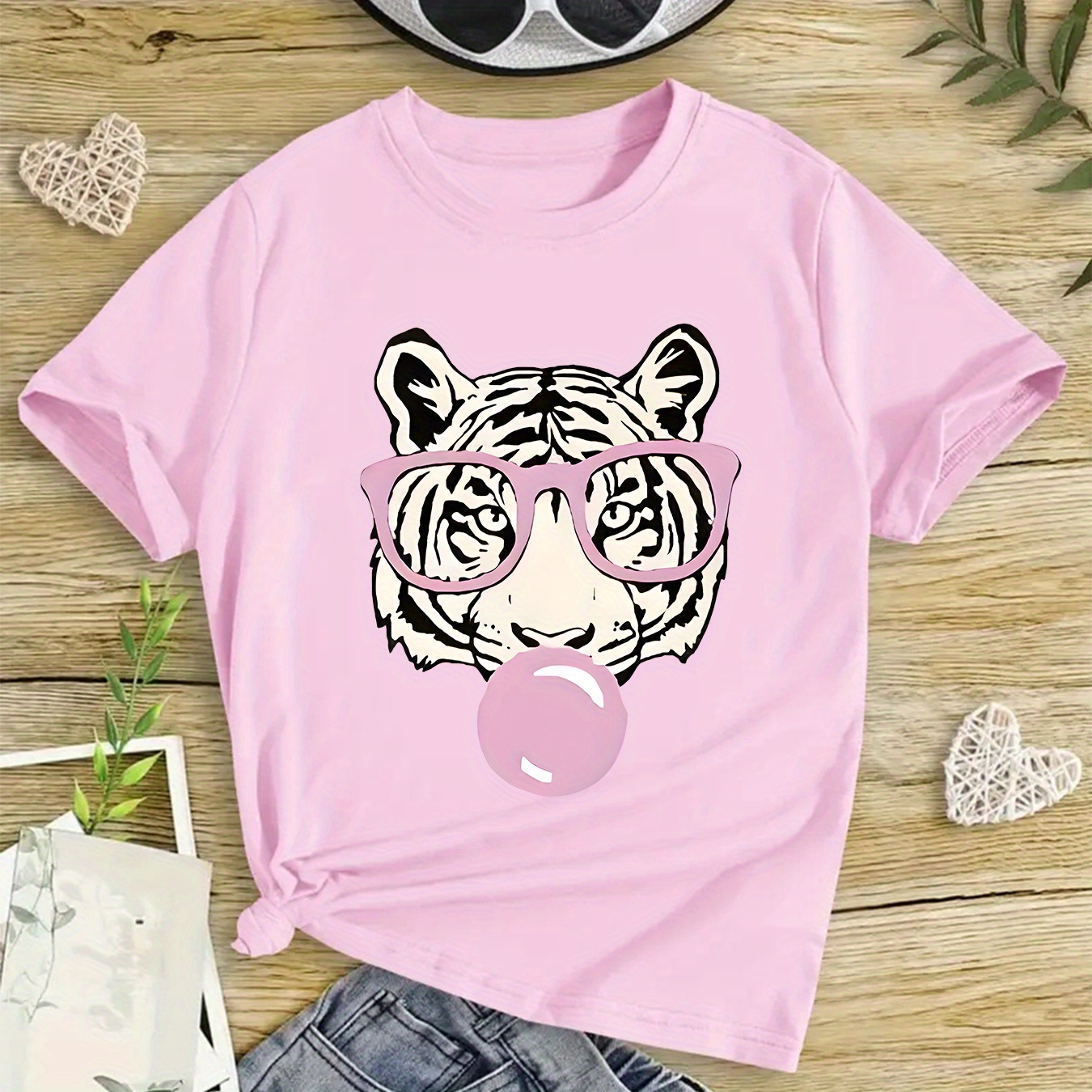 

Girls' Short-sleeve T-shirt With Cartoon Tiger Graphic Print, Casual & Comfy Cotton Crew Neck Short Sleeve Tee, Suitable For Daily Wear In Summer