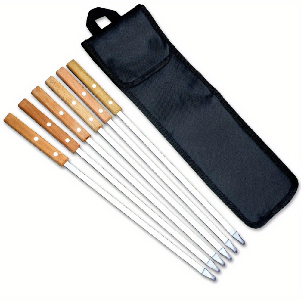 

6pcs, Stainless Steel Needle, Large Wooden Handle Flat Sign Square Handle Bbq Widening Thick 42cm Commercial Lamb Leg Skewer, Kitchen Supplies, Kitchen Accessories, Bbq Accessories
