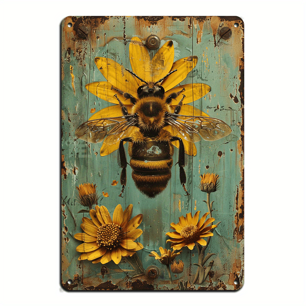 

Retro Metal Tin Sign Vintage Sunflower Bee Happy (12x8 Inch), Sun Flower Country Farm Kitchen Wall Home Decor Art Tin Signs