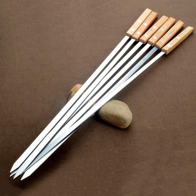 

6pcs 55cm Bbq Skewers Long Handle Shish Kebab Barbecue Grill Sticks Wood Bbq Fork Stainless Steel Outdoor Grill With Bag