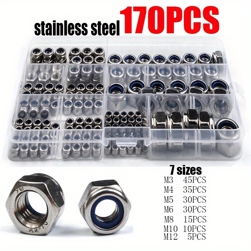 

170pcs 304 Stainless Steel Hexagon Nylon Insert Lock Nut Assortment Kit Hex Set M3/m4/m6/m8/m10/m12