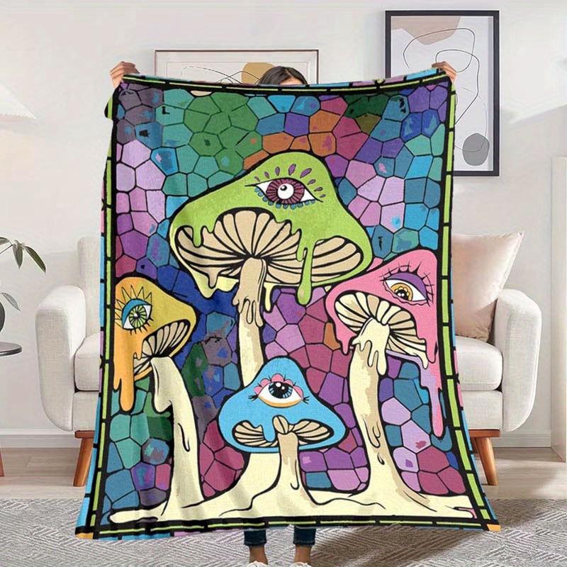 

1pc Hippie Colorful Mushroom Eyes Printed Flannel Blanket Lightweight Throw Blanket For Sofa Bed Travel Camping Warm Blanket For Car Dormitory Room Decor