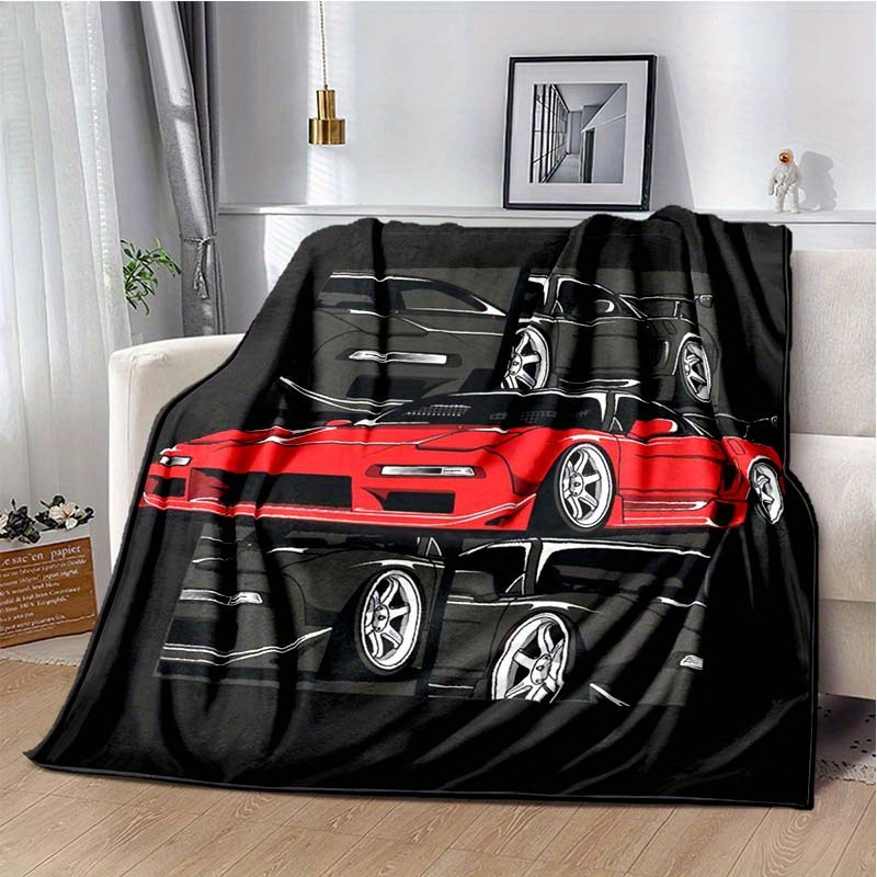 

Black And Red Cartoon Race Car Pattern Blanket, 4 Seasons Universal Car Napping Blanket Flannel Blanket Car Blanket