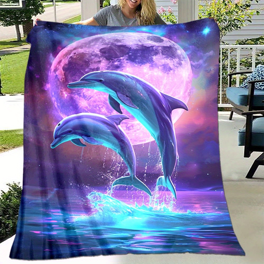 

1pc Cozy Flannel Blanket, Leaping Dolphin Design Blanket, Comfortable And Comfortable Blanket, For Camping Sofa Bed And Couch Office, Suitable For Gift Blankets In All Seasons