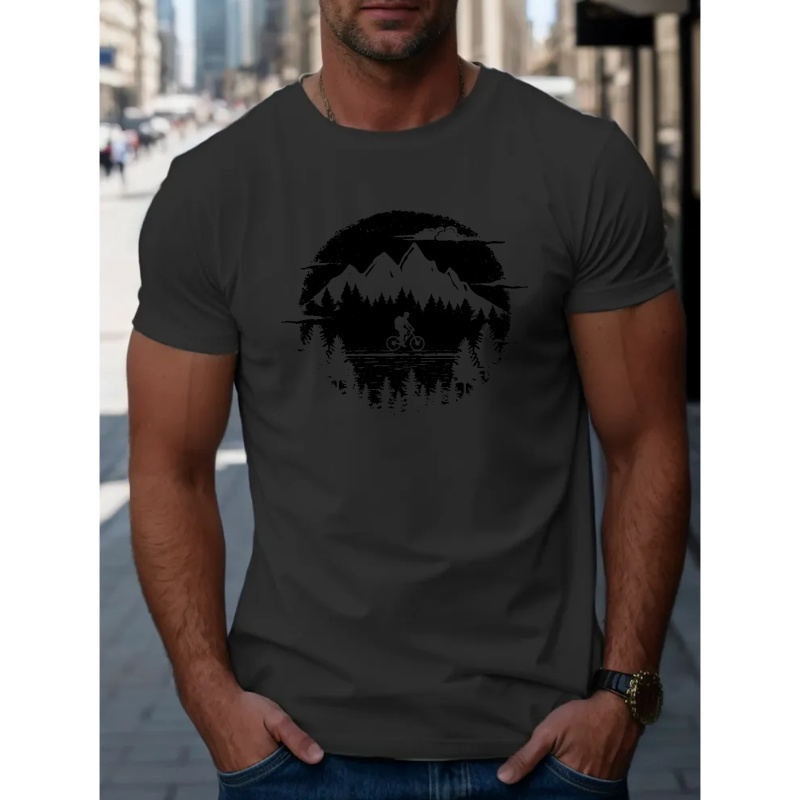 

Biking And Mountains Graphic Print Men's Creative Top, Casual Short Sleeve Crew Neck T-shirt, Men's Clothing For Summer Outdoor