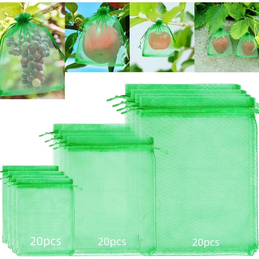 

60pcs, Fruit Protection Bags 3 Sizes Fruit Netting Bags For Fruit Trees Fruit Cover Mesh Bag Garden Netting Bags With Drawstring Netting Barrier Bags For Fruit Vegetable Plant Flower