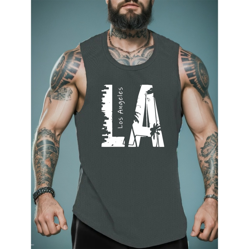 

La Los Angeles Print Men's Summer Quick Dry Moisture-wicking Breathable Tank Tops Athletic Gym Bodybuilding Sports Sleeveless Shirts, For Workout Running Training Men's Clothes