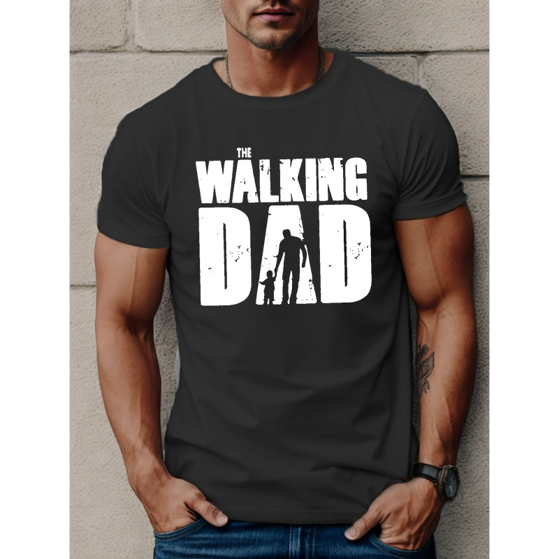 

Men's Walking Dad Print Short Sleeve T-shirts, Comfy Casual Elastic Crew Neck Tops For Men's Outdoor Activities