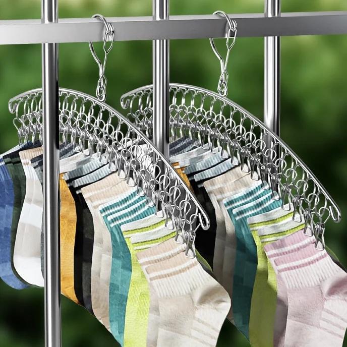Lot de 2 séchoirs à linge, 16 clips pour suspendre des chaussettes, cintres pliables pour sous-vêtements, séchoir à linge coupe-vent, rotatif à 360 °, convient pour sous-vêtements, chaussettes