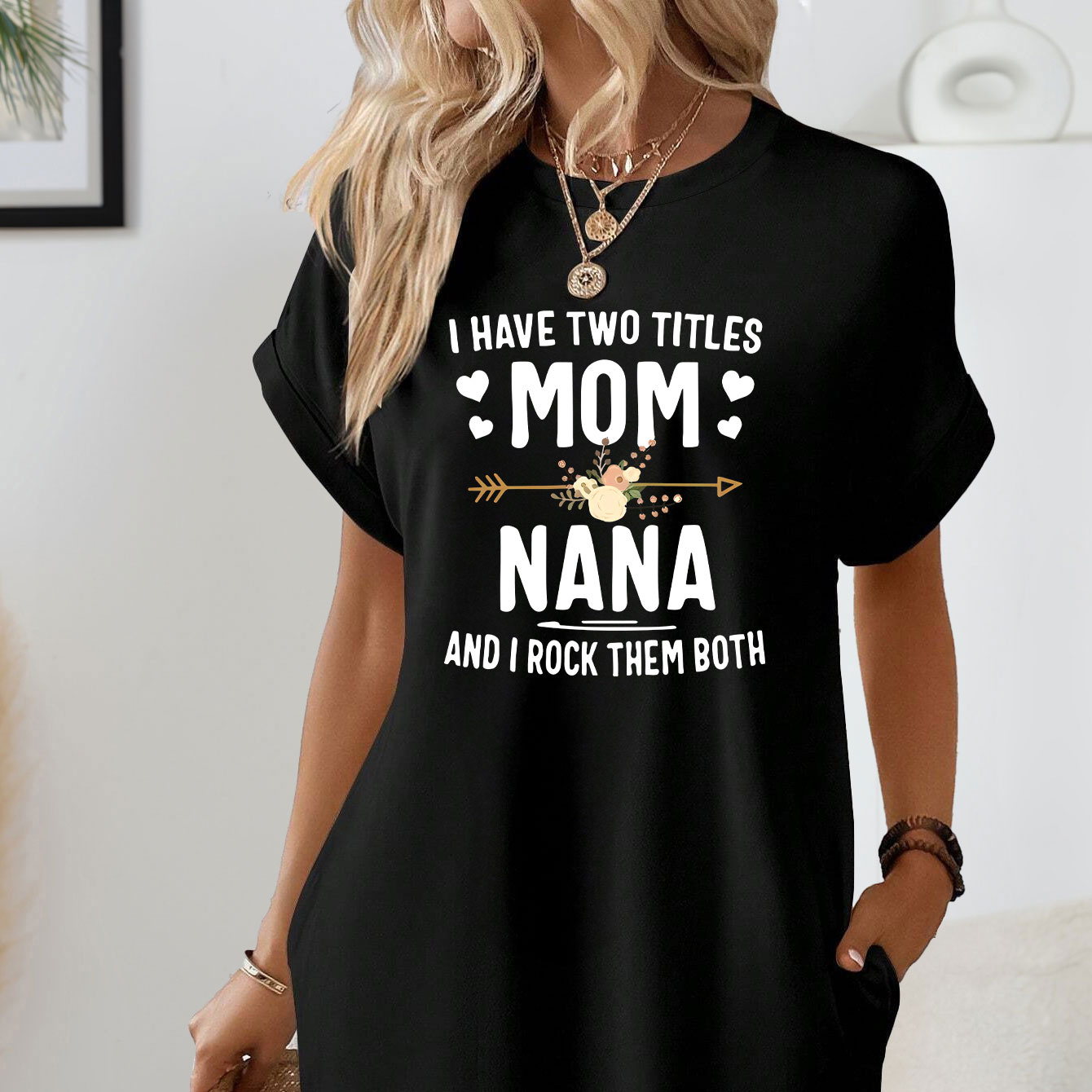 

Slogan Print Lounge Dress For Mother's Day, Casual Batwing Sleeve Round Neck Loose Fit Dress With Pockets, Women's Loungewear