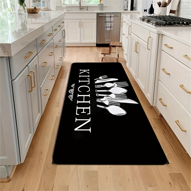 

Kitchen Floor Mat Set - Lightweight And Washable Polyester Rectangle Carpets For Bathroom, Living Room, Bedroom Entryway - Non-patchwork Black Utensil Design (set Of 3)