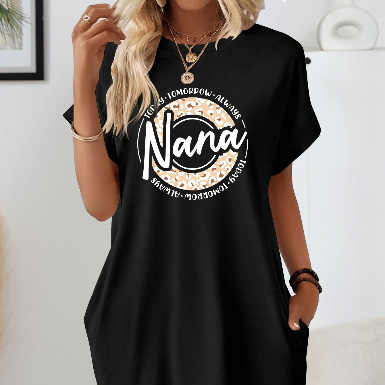 

Leopard Circle & 'nana' Letter Print Lounge Dress For Mother's Day, Casual Batwing Sleeve Round Neck Loose Fit Dress With Pockets, Women's Loungewear