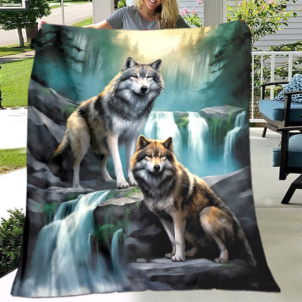 

1pc Cozy Flannel Blanket, 2 Wolf Design Blanket, Comfortable Blanket, For Camping Sofa Bed And Couch Office, Suitable For Gift Blankets In All Seasons