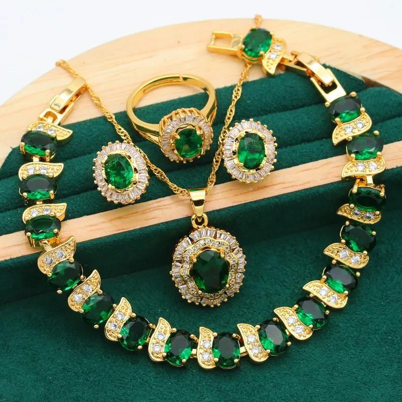 

Stud Earrings + Ring + Necklace + Bracelet Elegant Jewelry Set Plated Inlaid Emerald Stone Wedding Jewelry Gifts For Eid