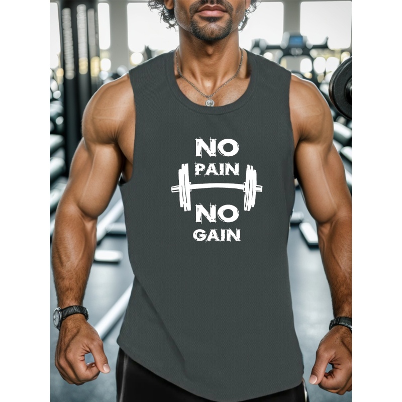 

No Pain No Gain Print Summer Men's Vest Quick Drying Moisture-wicking Breathable Tank Tops Athletic Gym Bodybuilding Sports Sleeveless Top Men's Clothing For Sports Fitness