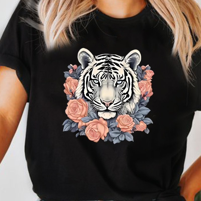 

Tiger Print T-shirt, Casual Crew Neck Short Sleeve Top For Spring & Summer, Women's Clothing