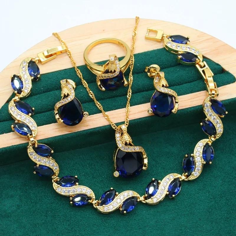 4 piece jewelry set vintage elegant style 18k gold plated with blue artificial gemstone   bracelet earrings necklace pendant ring perfect gift for women details 0