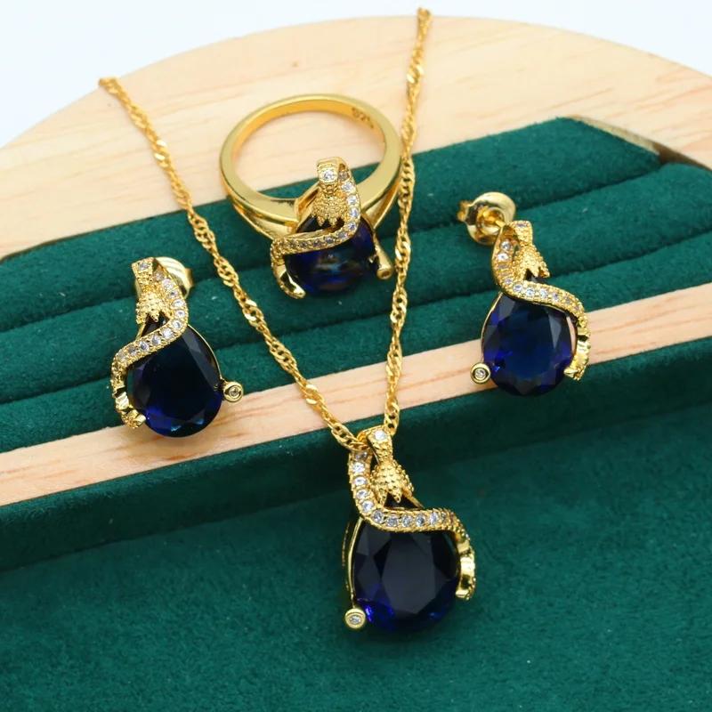 4 piece jewelry set vintage elegant style 18k gold plated with blue artificial gemstone   bracelet earrings necklace pendant ring perfect gift for women details 1