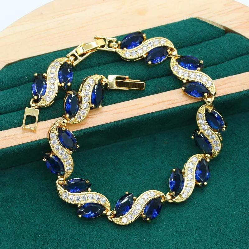 4 piece jewelry set vintage elegant style 18k gold plated with blue artificial gemstone   bracelet earrings necklace pendant ring perfect gift for women details 2