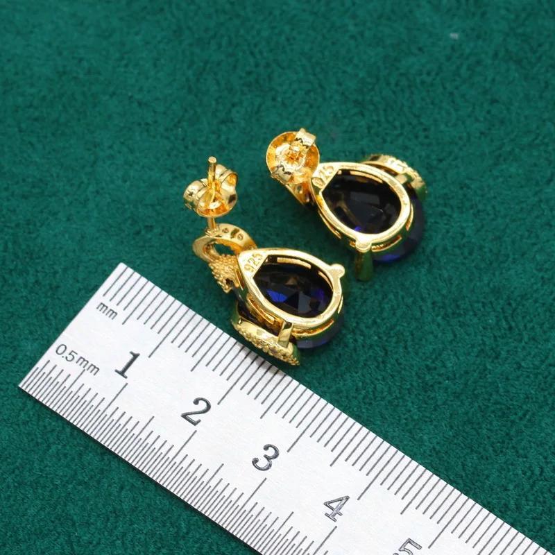 4 piece jewelry set vintage elegant style 18k gold plated with blue artificial gemstone   bracelet earrings necklace pendant ring perfect gift for women details 4