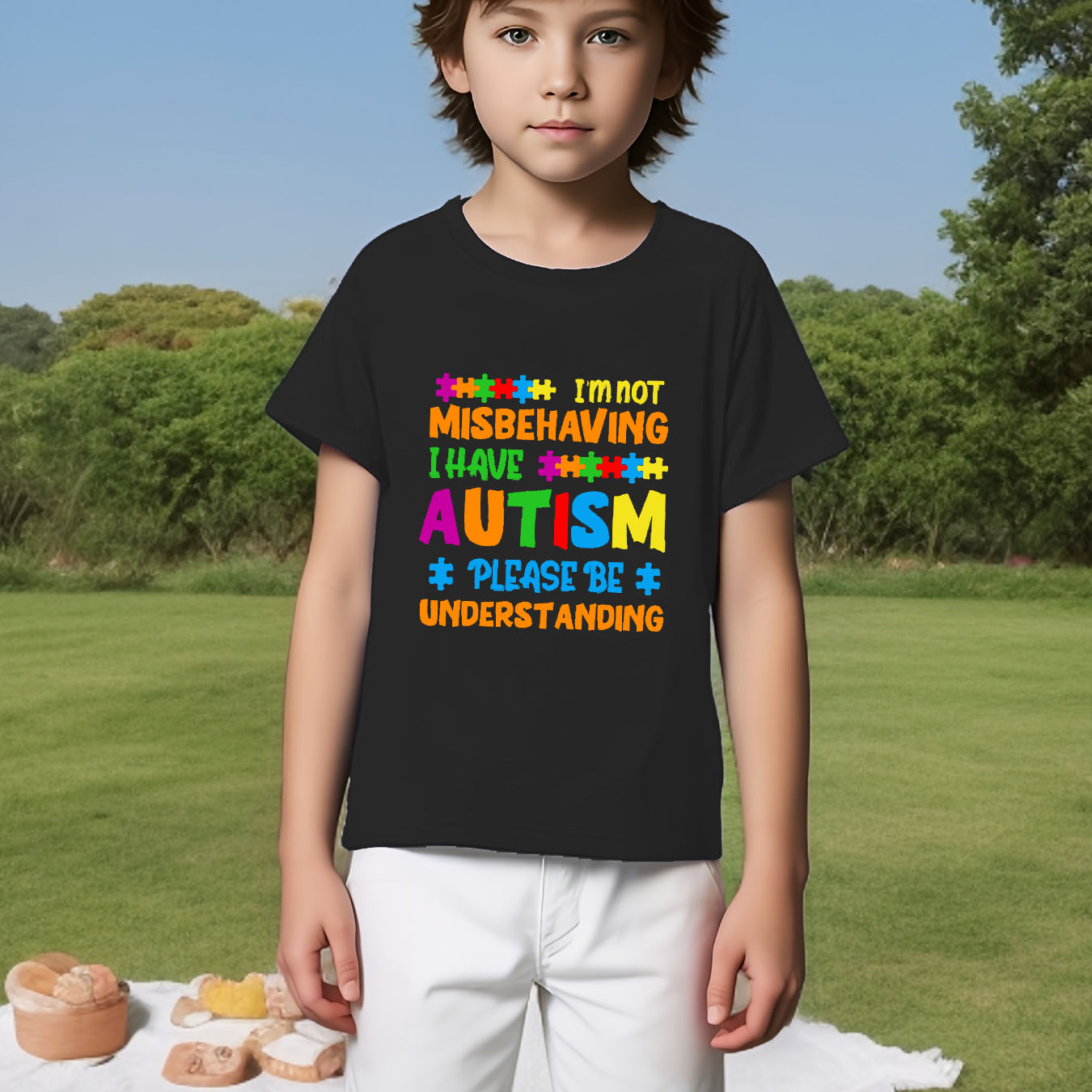 

Boy's Creative T-shirt, Autism Colorful Letter Print Casual Comfortable Short Sleeve Crew Neck Comfortable Summer Top