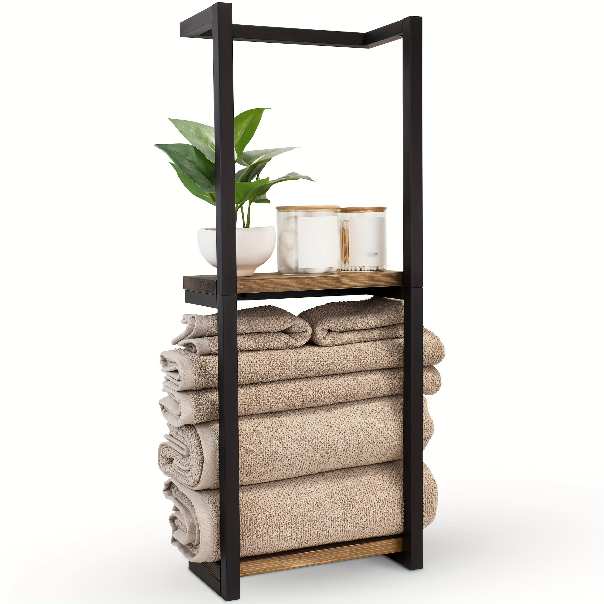 TEMU 1set 6-tier Rustic Wooden Organizer With Metal Frame - Wall-mounted Towel And Accessories Rack, Multi-purpose Space-saving Home Decor, Durable Wood And Metal Construction