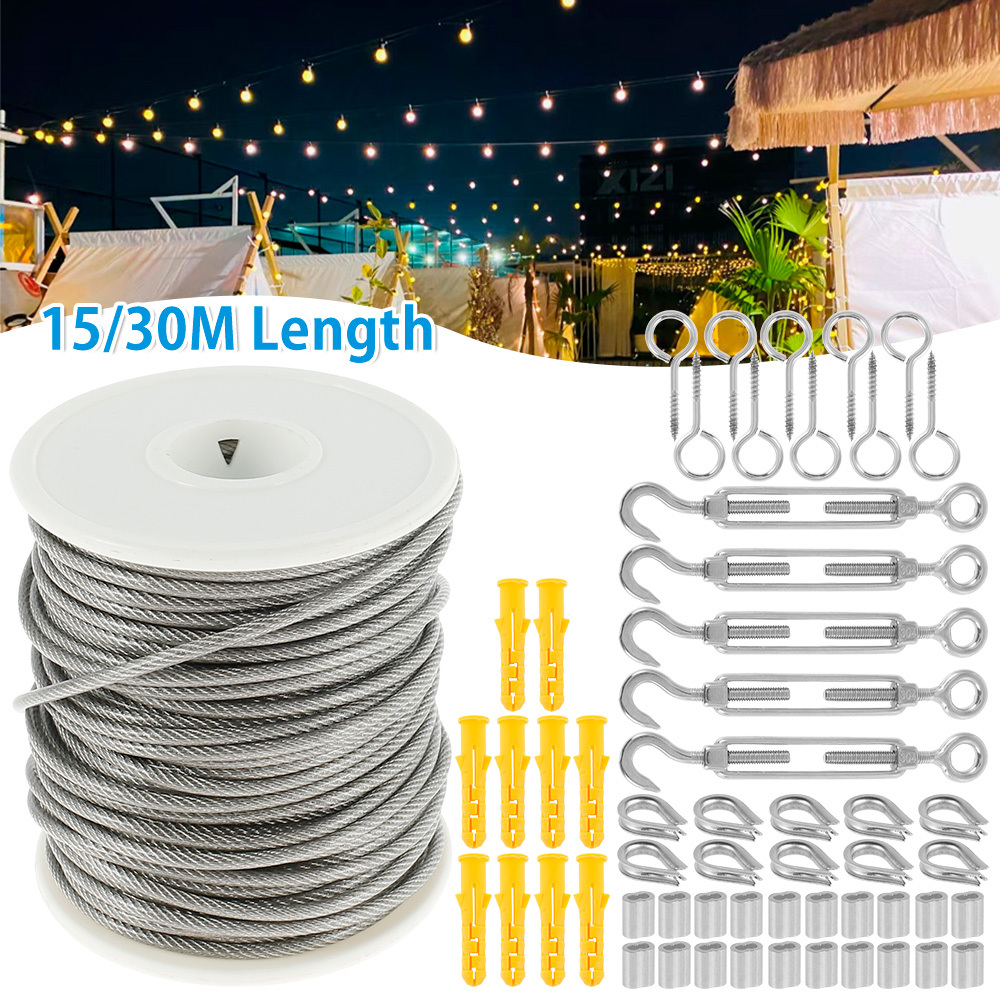 15M 2mm Stainless Steel Wire Rope Cable Hooks Hanging Kit Tent Rope  Clothesline