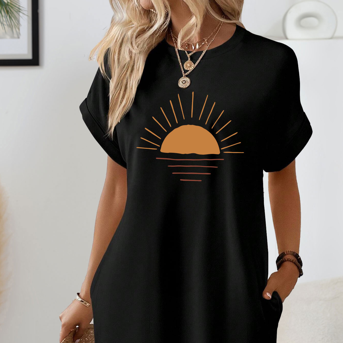 

Sunrise Print Lounge Dress, Casual Batwing Sleeve Round Neck Loose Fit Dress With Pockets, Women's Loungewear