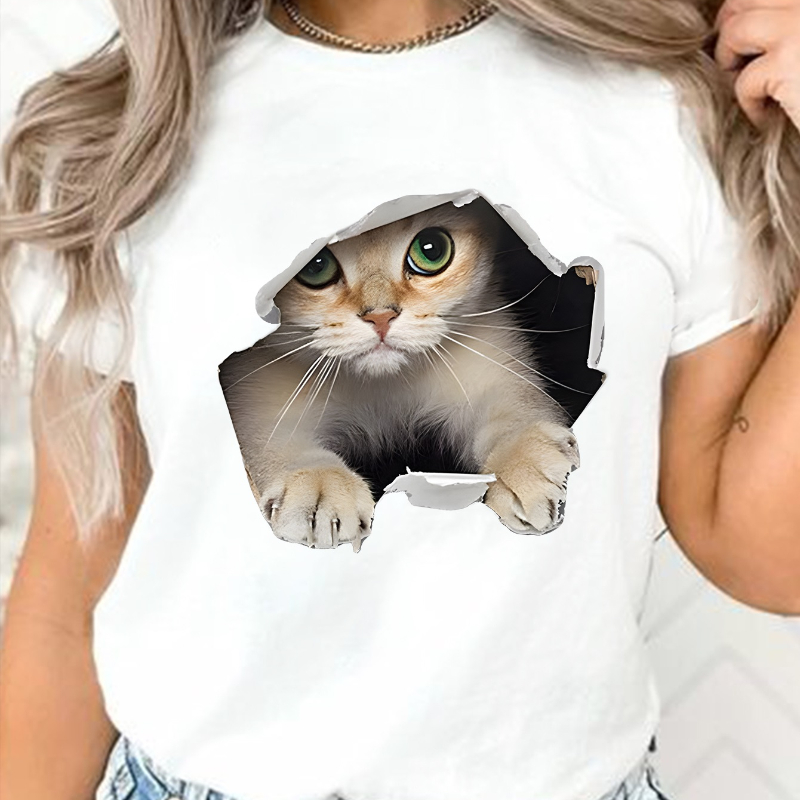 

Cute Cat Print T-shirt, Casual Crew Neck Short Sleeve Top For Spring & Summer, Women's Clothing